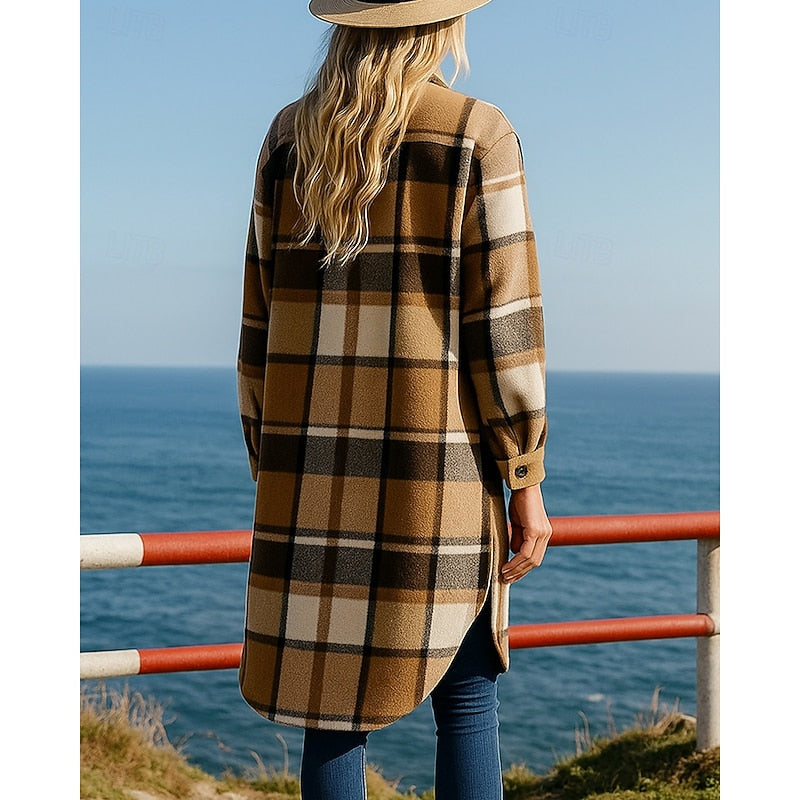 Fennara | Women's Plaid Longline Coat - Camel - Image 2