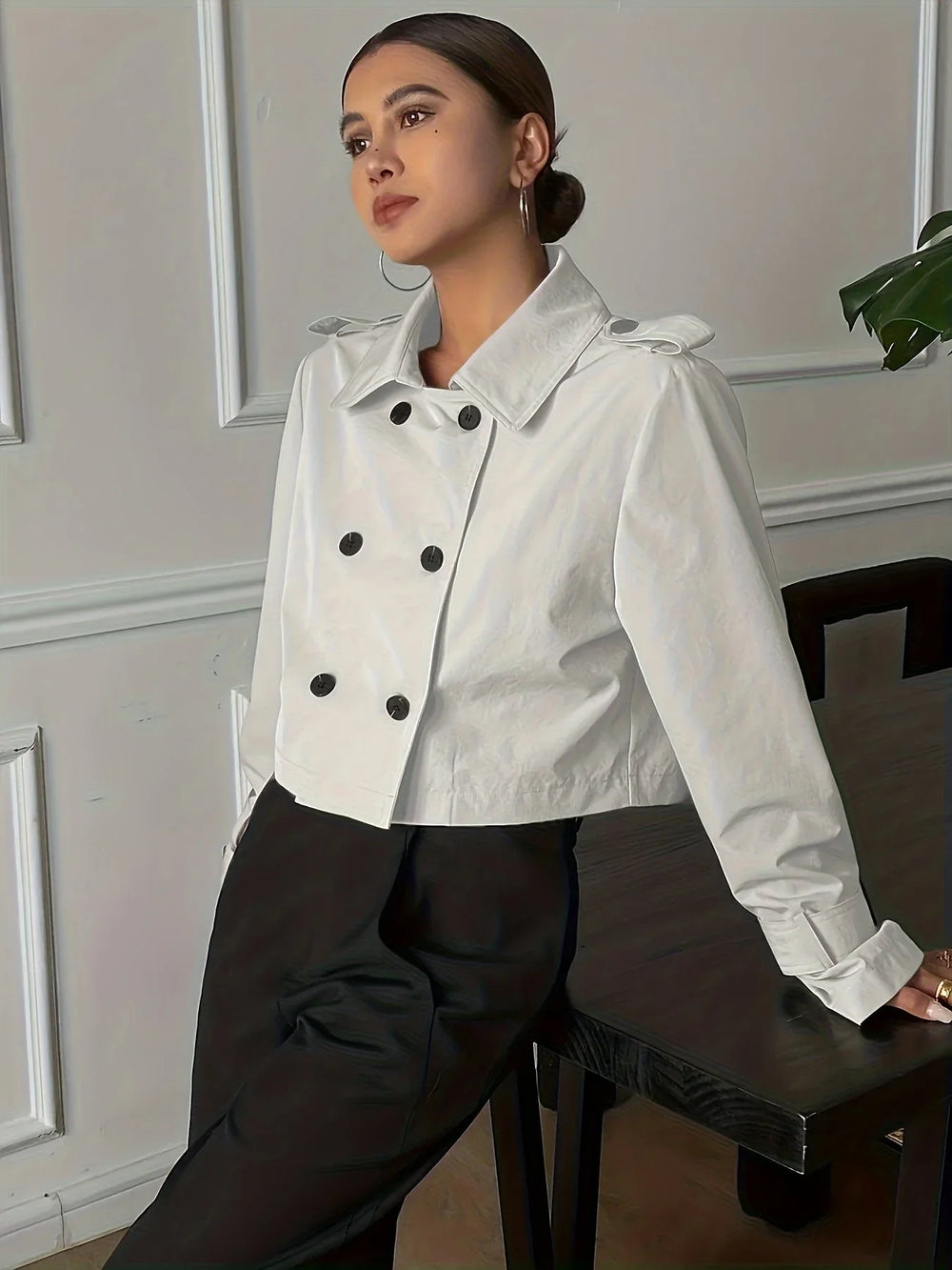Fenwick | Women's Cropped Double Breasted Winter Coat - White - Image 2