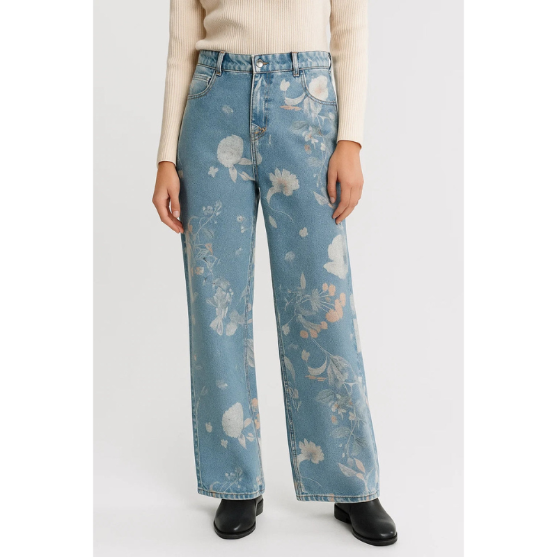 Florette | Women's Baggy Floral Wide Leg Jeans - Light Blue - Image 1