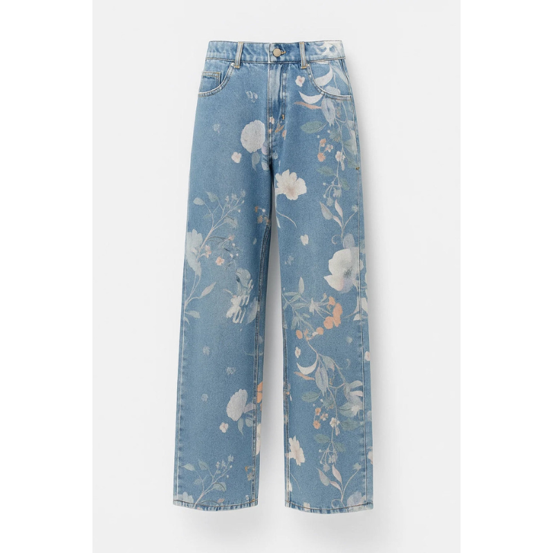 Florette | Women's Baggy Floral Wide Leg Jeans - Light Blue - Image 2