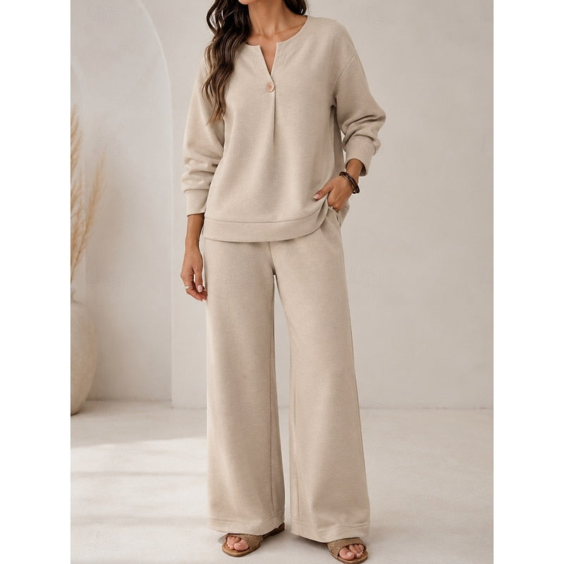 Halvira | Women's Loungewear Set Wide Leg Pants - Beige - Image 1