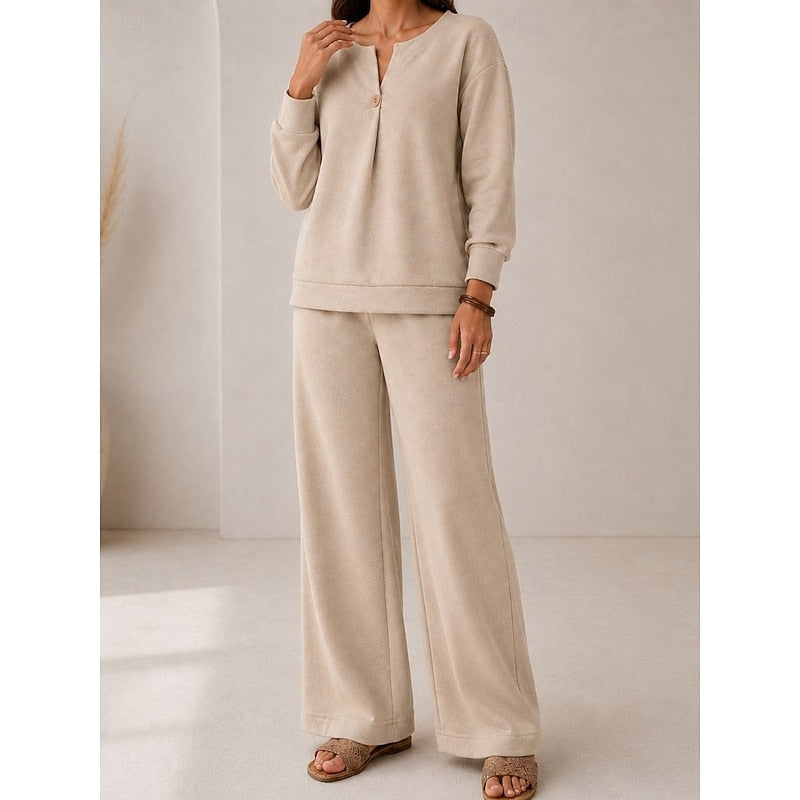 Halvira | Women's Loungewear Set Wide Leg Pants - Beige - Image 2