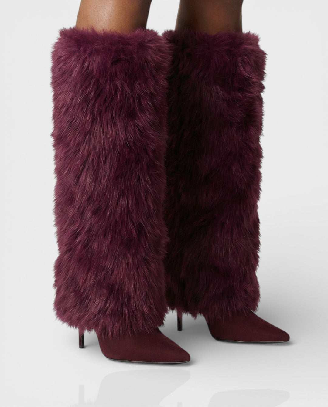 Zolvara | Women's Faux Fur Knee-High Winter Boots - Burgundy - Image 1