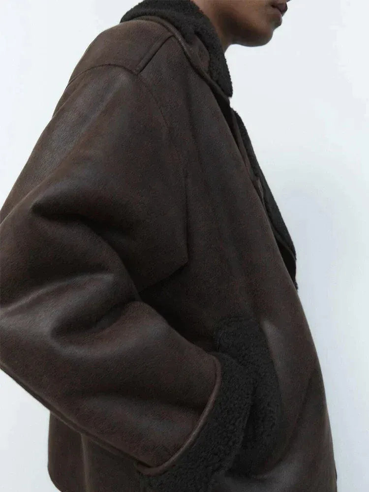 Vorrindelle | Women's Oversized Shearling Aviator Jacket - Brown - Image 2