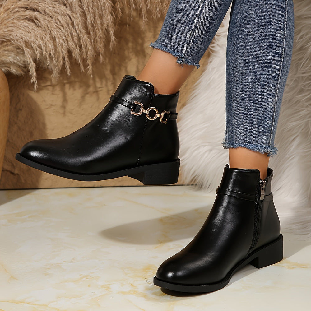 Lorraine | Women's Black Ankle Boots with Gold Chain - Black - Image 2