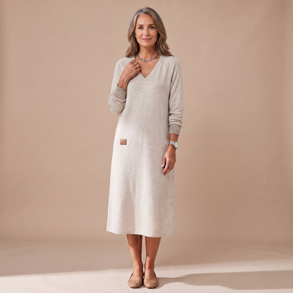 Lorreth | Women's Long Sleeve V-Neck Midi Sweater Dress - Red - Image 2