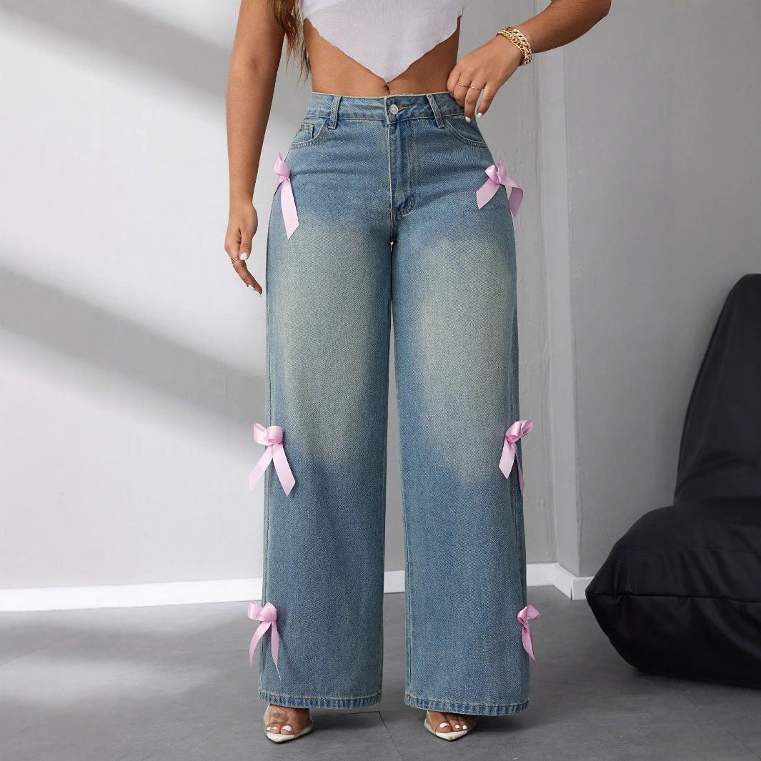 Lorrette | Women's Baggy Wide Leg Bow Jeans - Light Blue - Image 1
