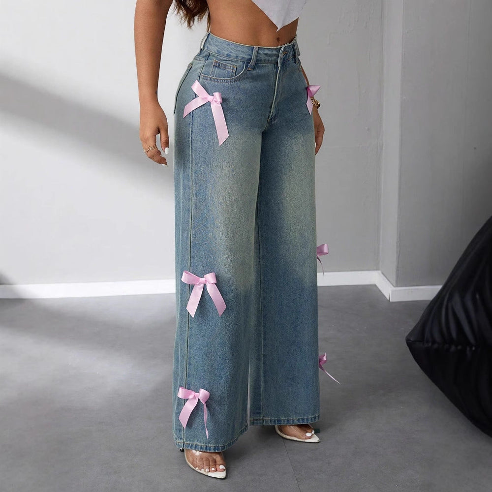 Lorrette | Women's Baggy Wide Leg Bow Jeans - Light Blue - Image 2