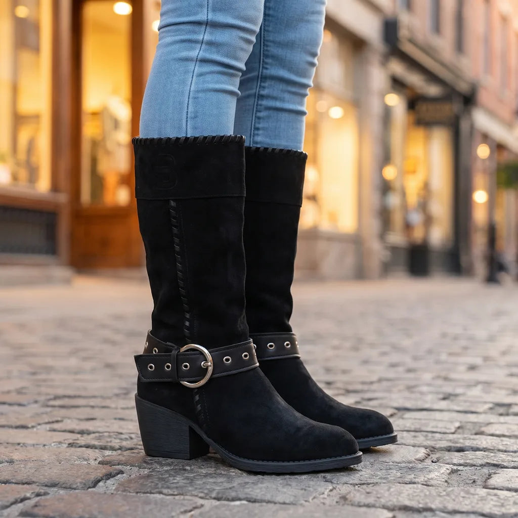 Lorsvaine | Women's Knee High Boots Buckle Strap - Black - Image 1