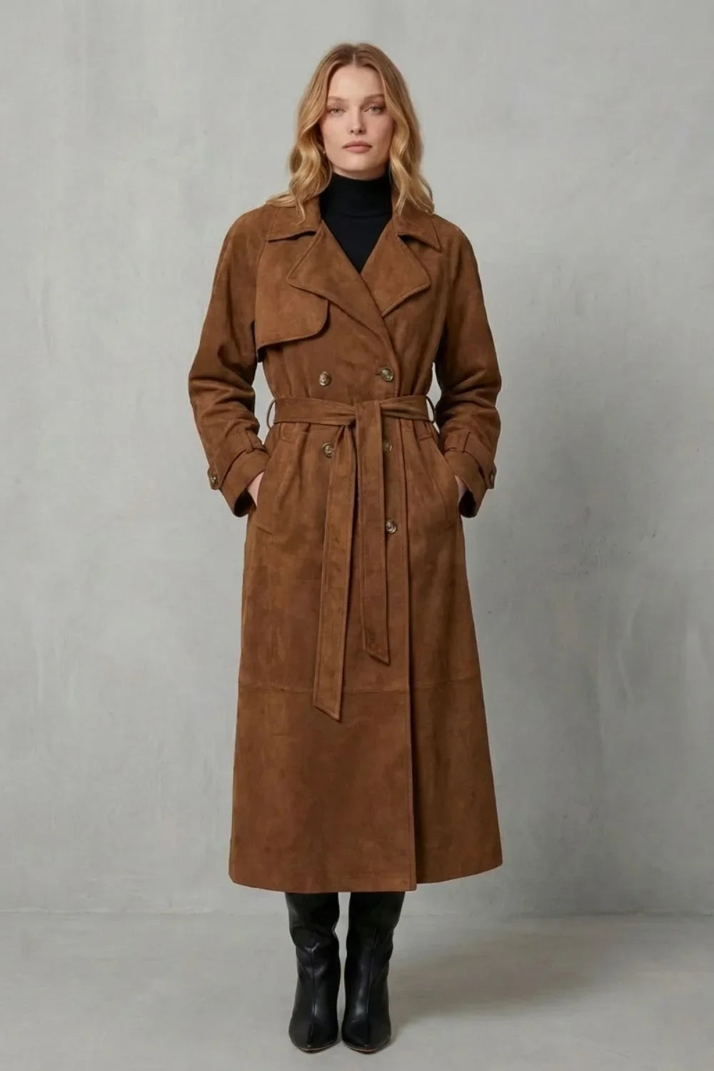 Lorvaine | Women's Belted Suede Trench Coat - Camel - Image 2