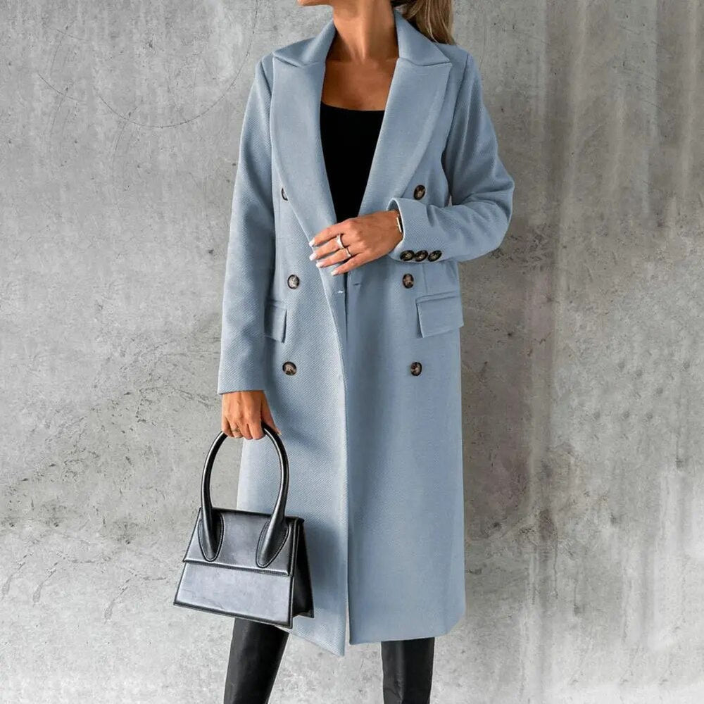 Lorvaine | Women's Long Winter Coat Double-Breasted - Taupe - Image 2