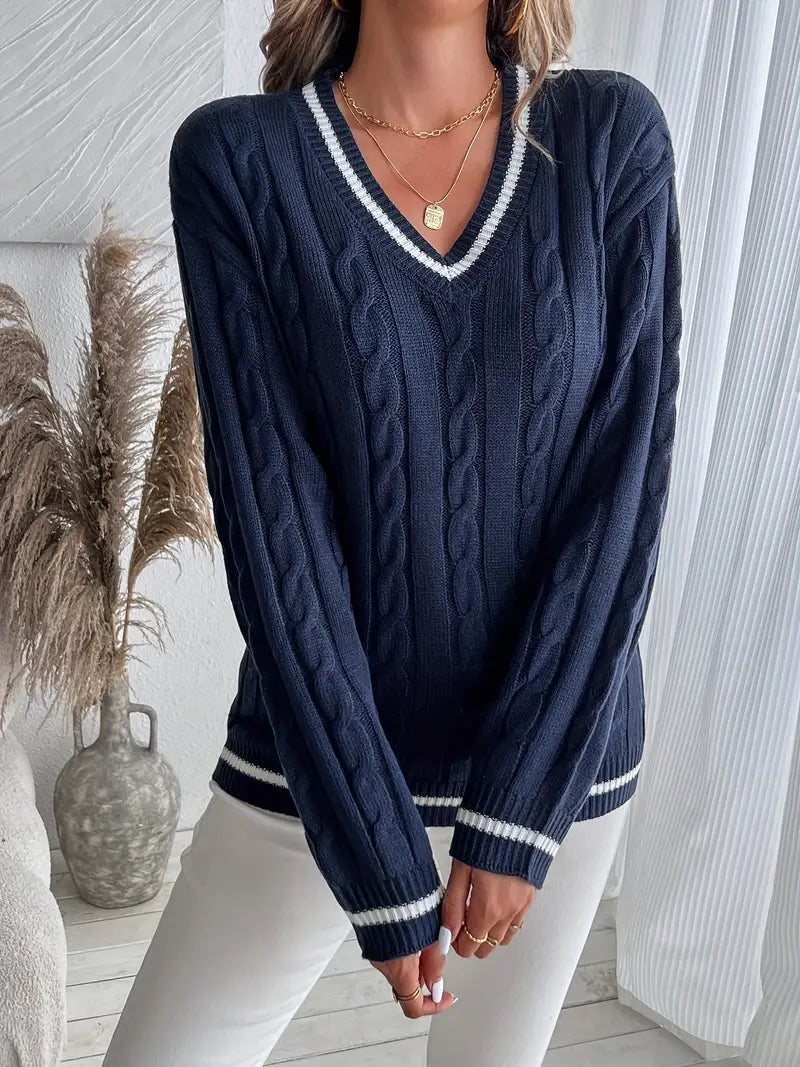 Loureth | Women's Cable Knit V-Neck Sweater - Navy - Image 2