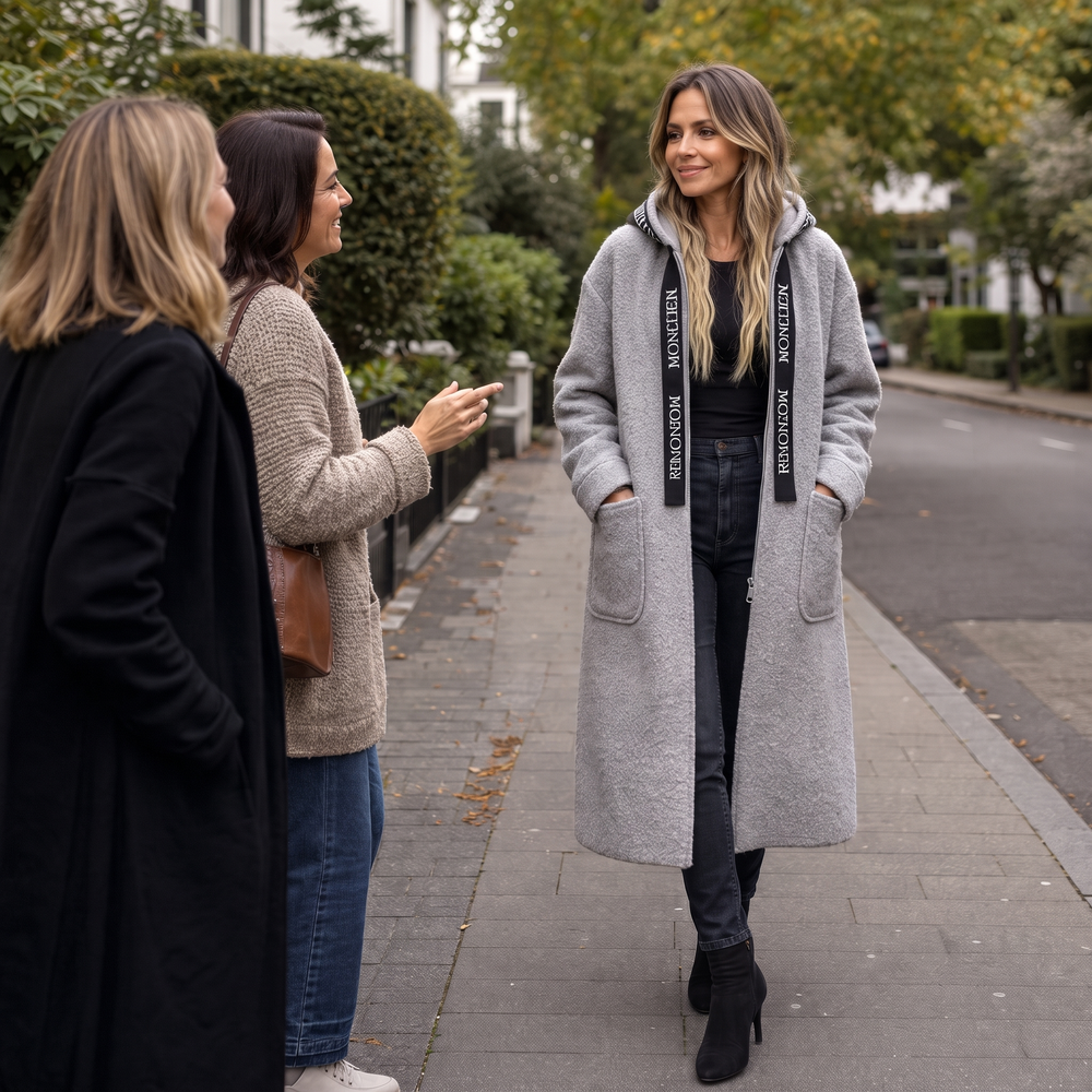 Marvelle | Women's Hooded Long Winter Coat - Light Grey - Image 2