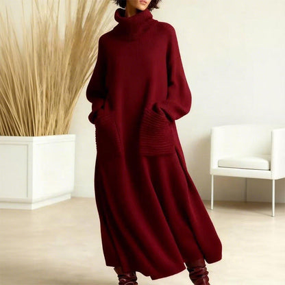 Marvelle | Women's Turtleneck Sweater Midi Dress - Burgundy - Image 1