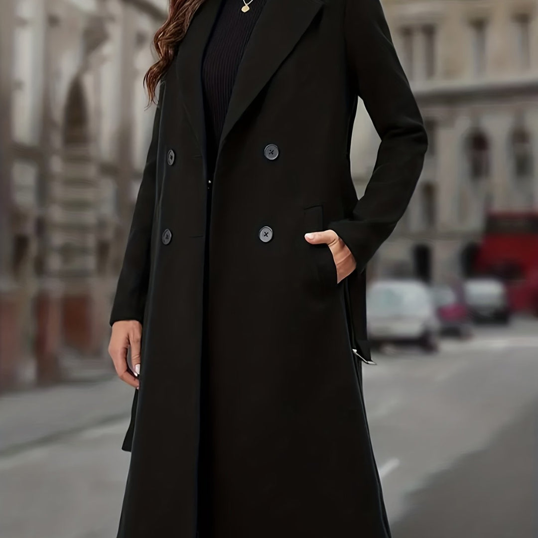 Marvena | Women's Double-Breasted Long Coat - Black - Image 1