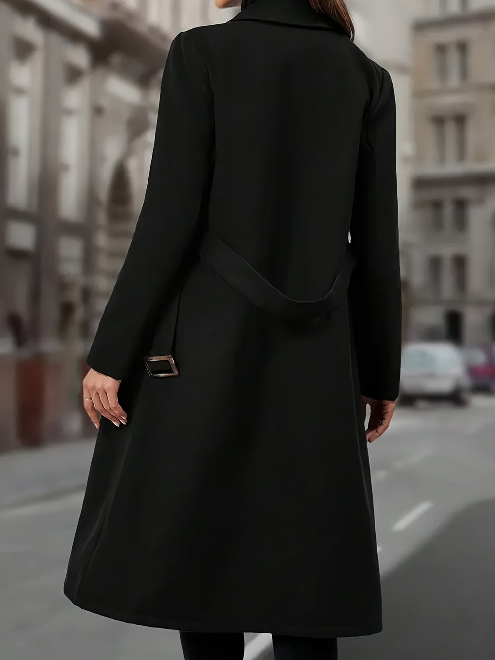 Marvena | Women's Double-Breasted Long Coat - Black - Image 2