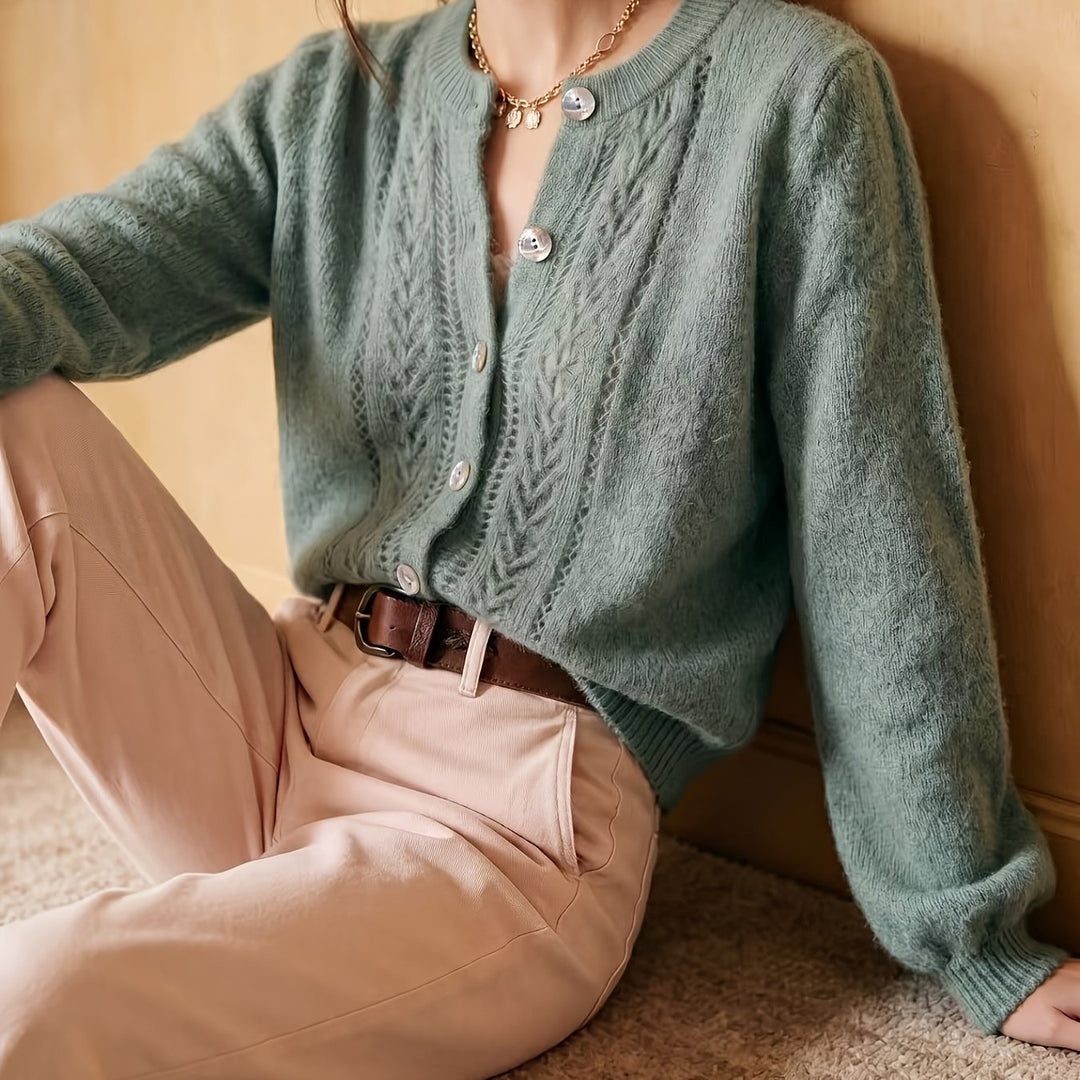 Marveth | Women's Cable Knit Button-Up Cardigan Sweater - Teal - Image 1