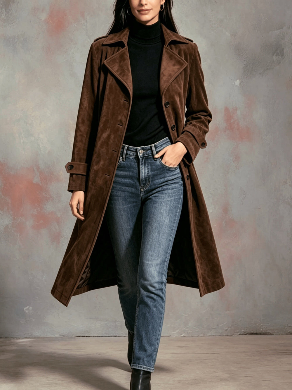 Marveth | Women's Longline Trench Coat - Brown - Image 2