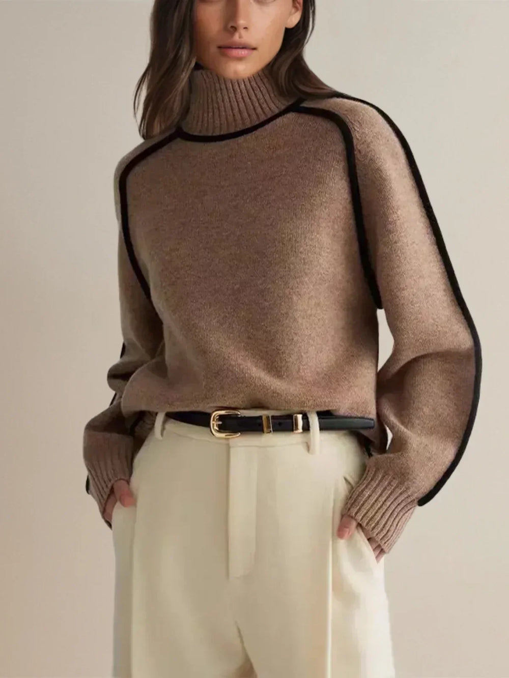 Mervyn | Women's Turtleneck Sweater with Contrast Piping - Camel - Image 2