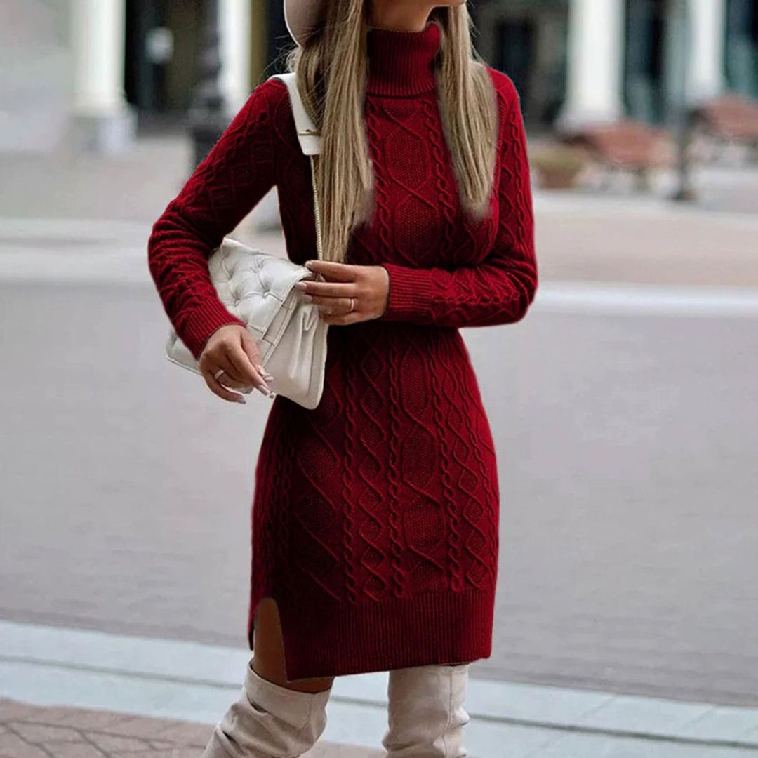Nerissa | Women's Cable Knit Turtleneck Sweater Dress - Red - Image 1