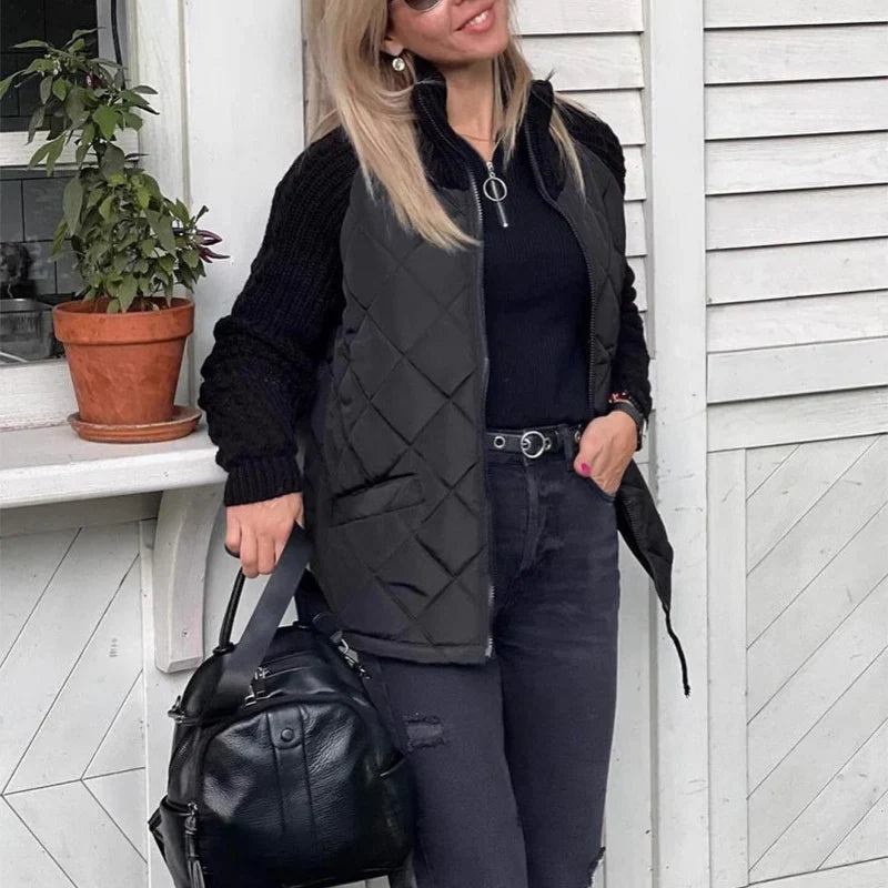 Novaleth | Women's Quilted Puffer Jacket Knit Sleeves - Black - Image 1