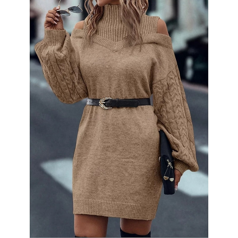 Orvella | Women's Cold Shoulder Turtleneck Sweater Dress - Camel - Image 2
