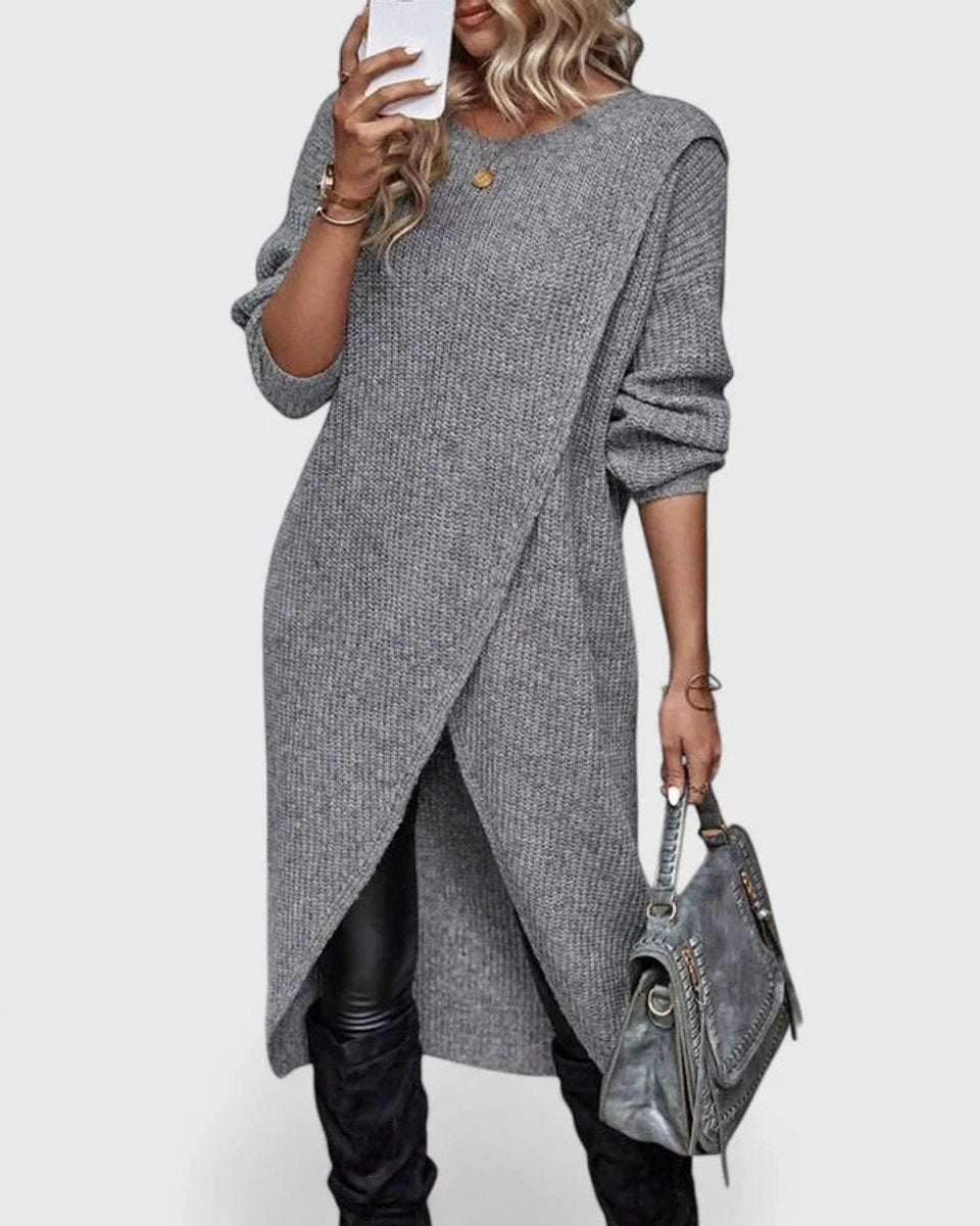 Orveth | Women's Long Knit Sweater Dress Asymmetric Hem - Grey - Image 1