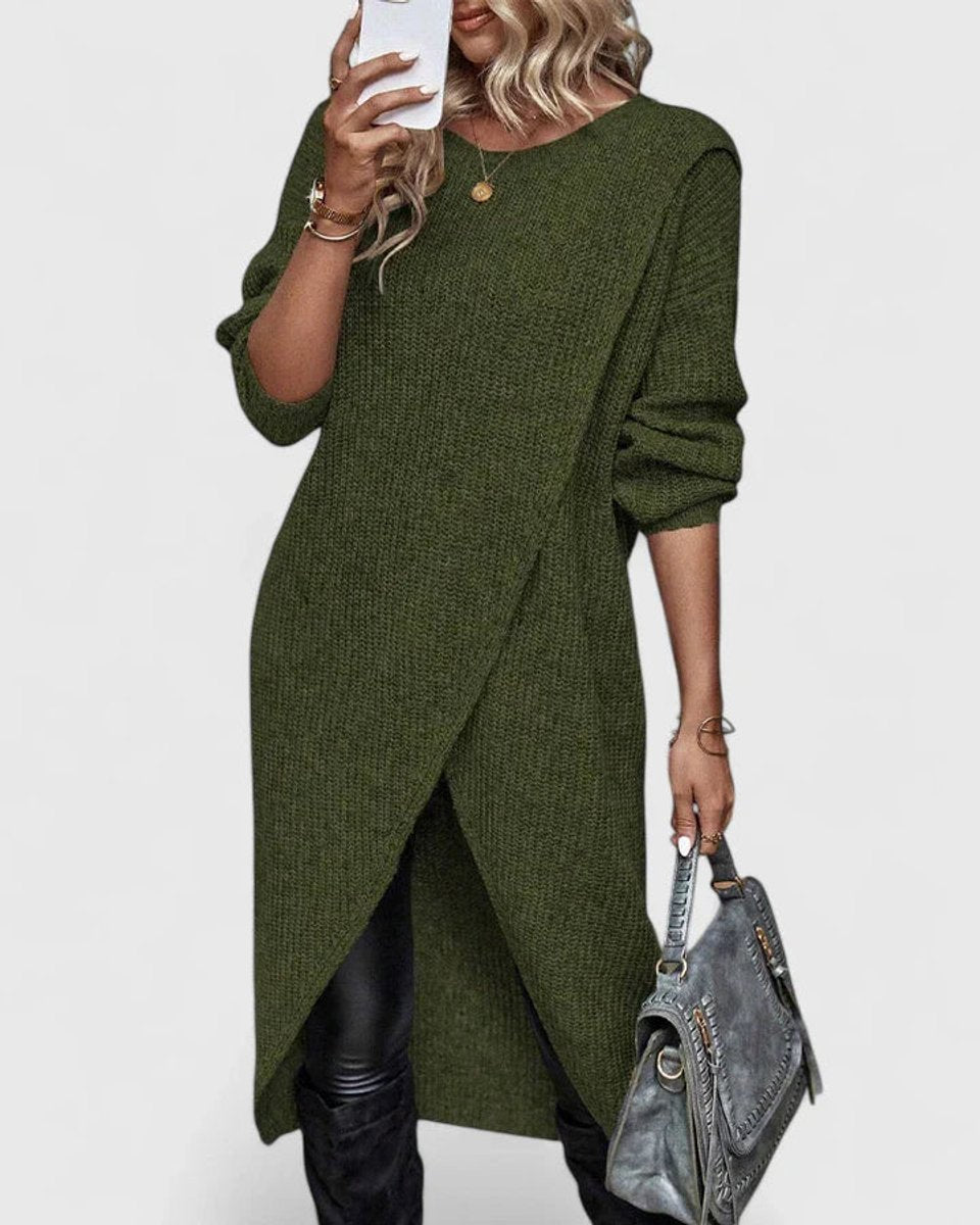 Orveth | Women's Long Knit Sweater Dress Asymmetric Hem - Grey - Image 2