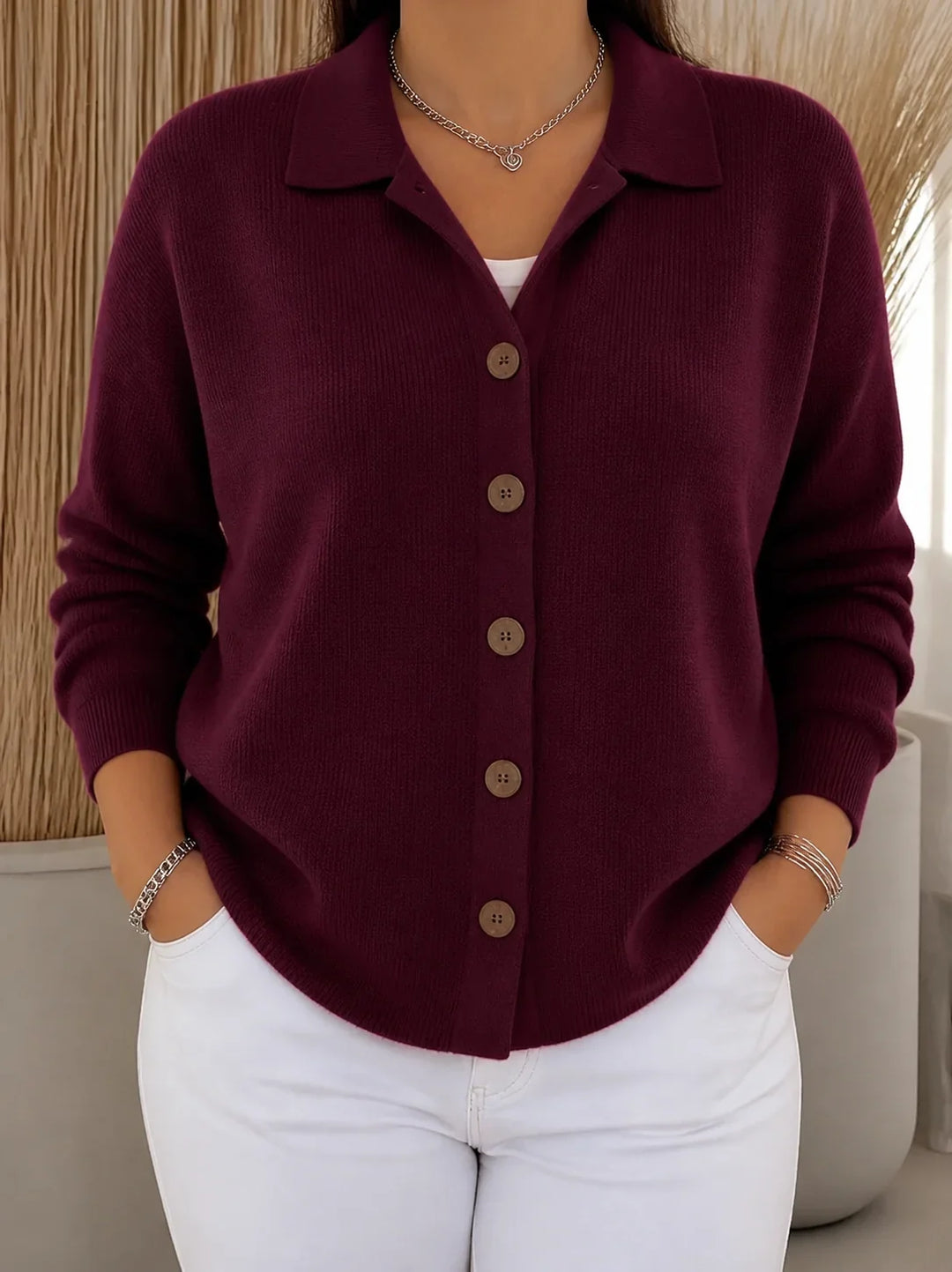 Orynthia | Women's Button-Front Collared Cardigan - Burgundy - Image 1