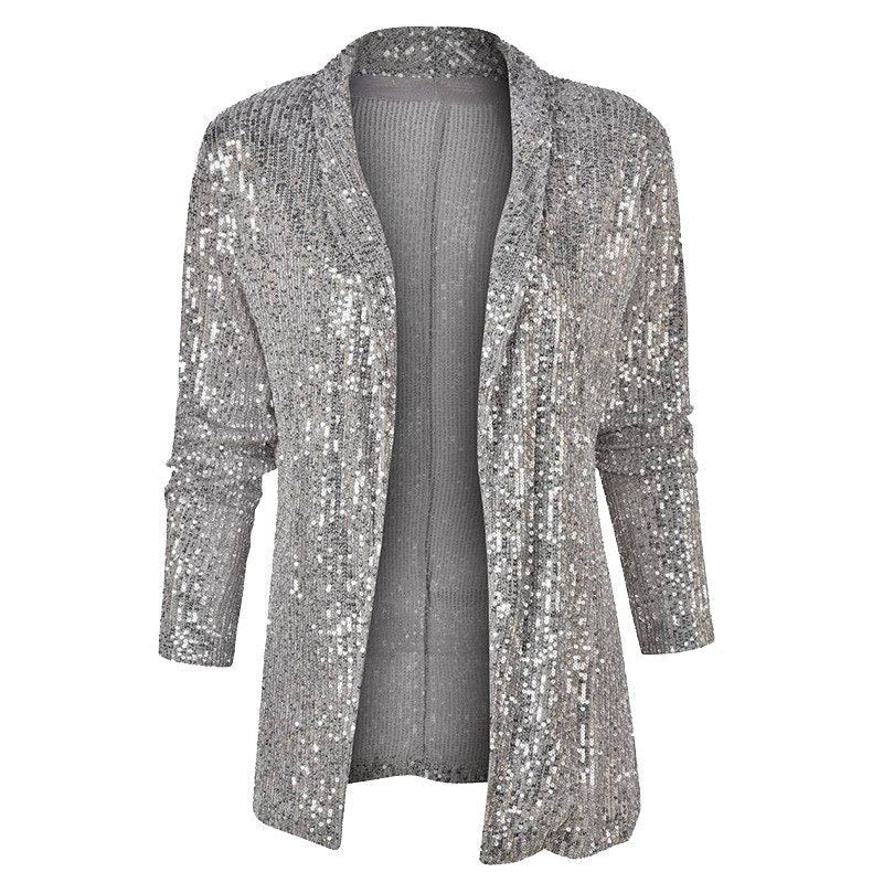 Priscella | Women's Sequin Open-Front Party Cardigan - Silver - Image 1