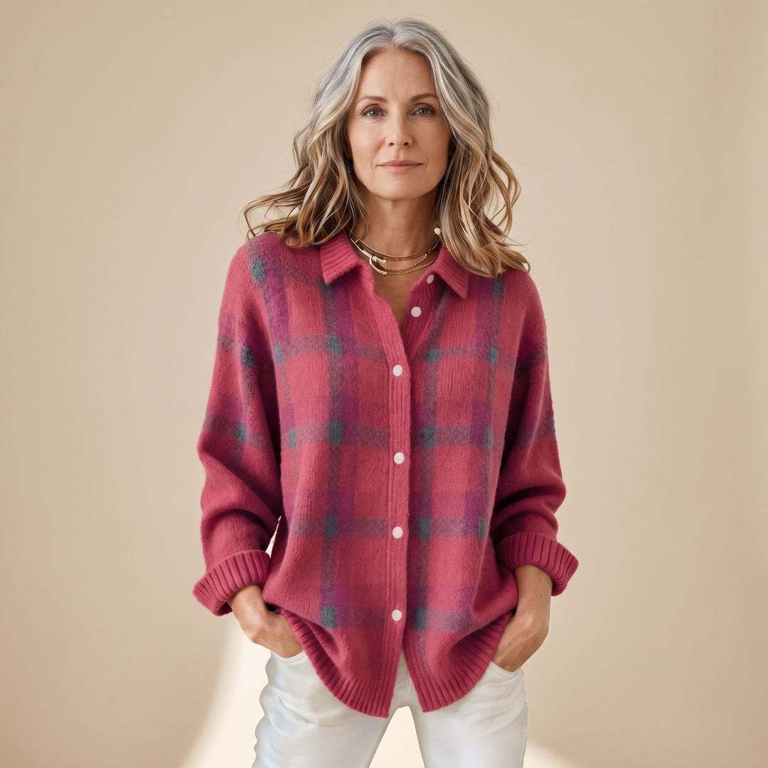 Renvelle | Women's Oversized Plaid Knit Button-Down Sweater - Pink - Image 1
