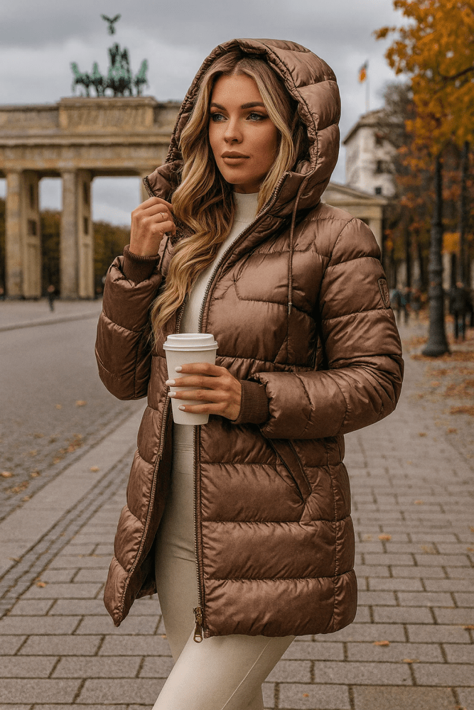 Romara | Women's Long Hooded Puffer Jacket - Brown - Image 1