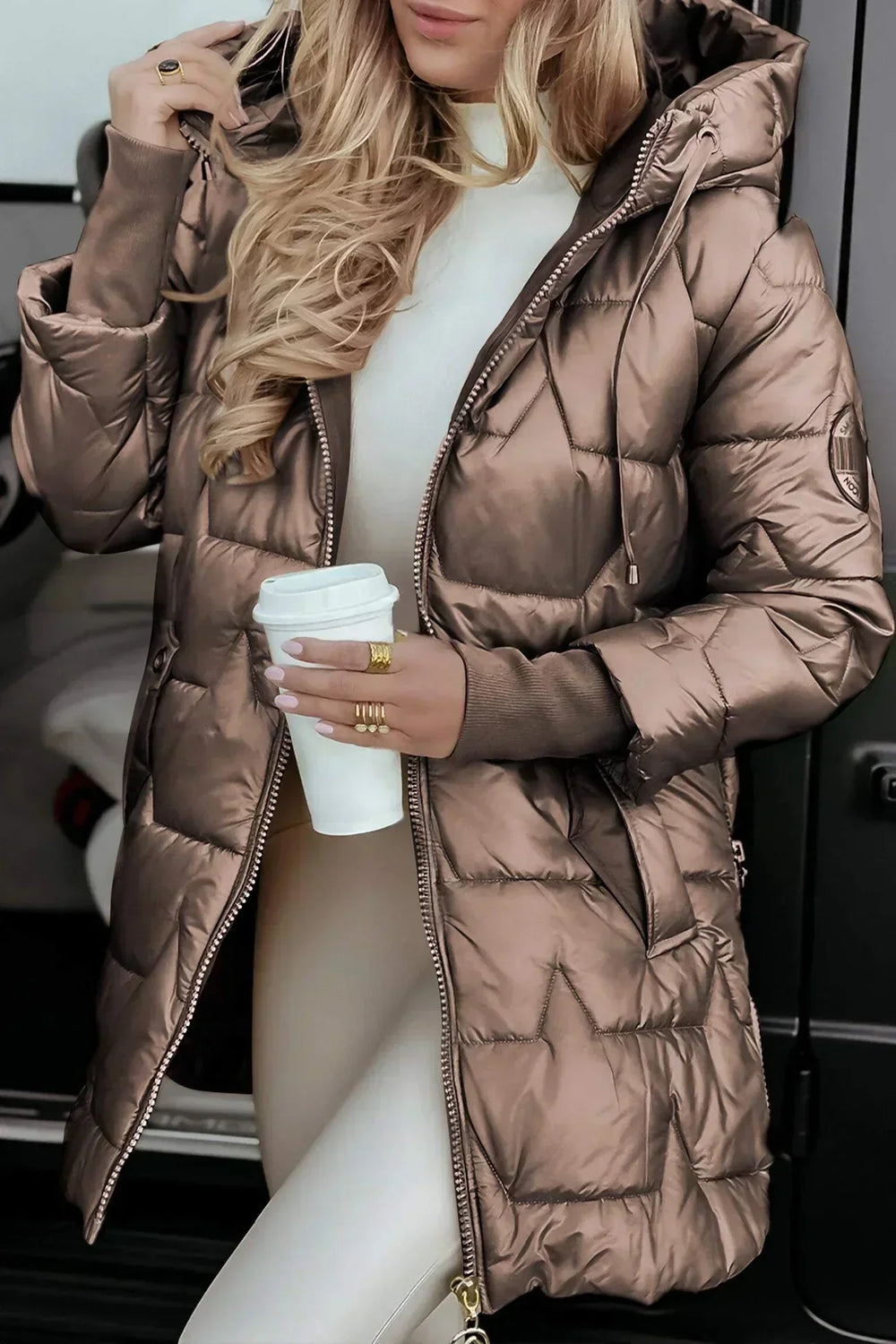 Romara | Women's Long Hooded Puffer Jacket - Brown - Image 2