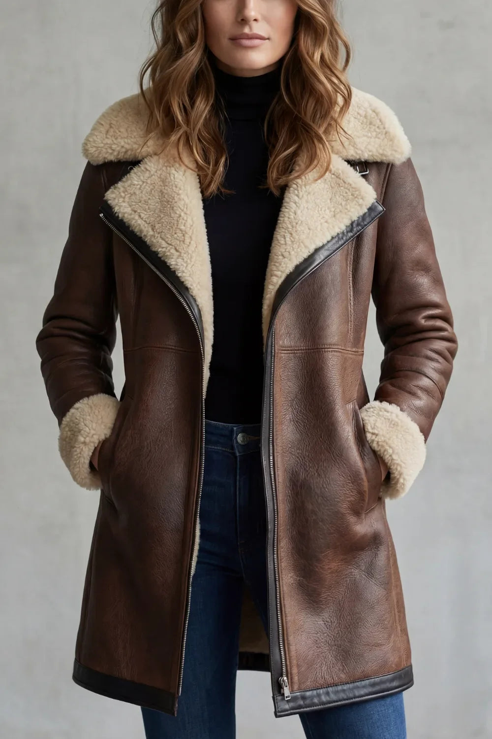 Romilda | Women's Shearling Leather Coat - Brown - Image 1