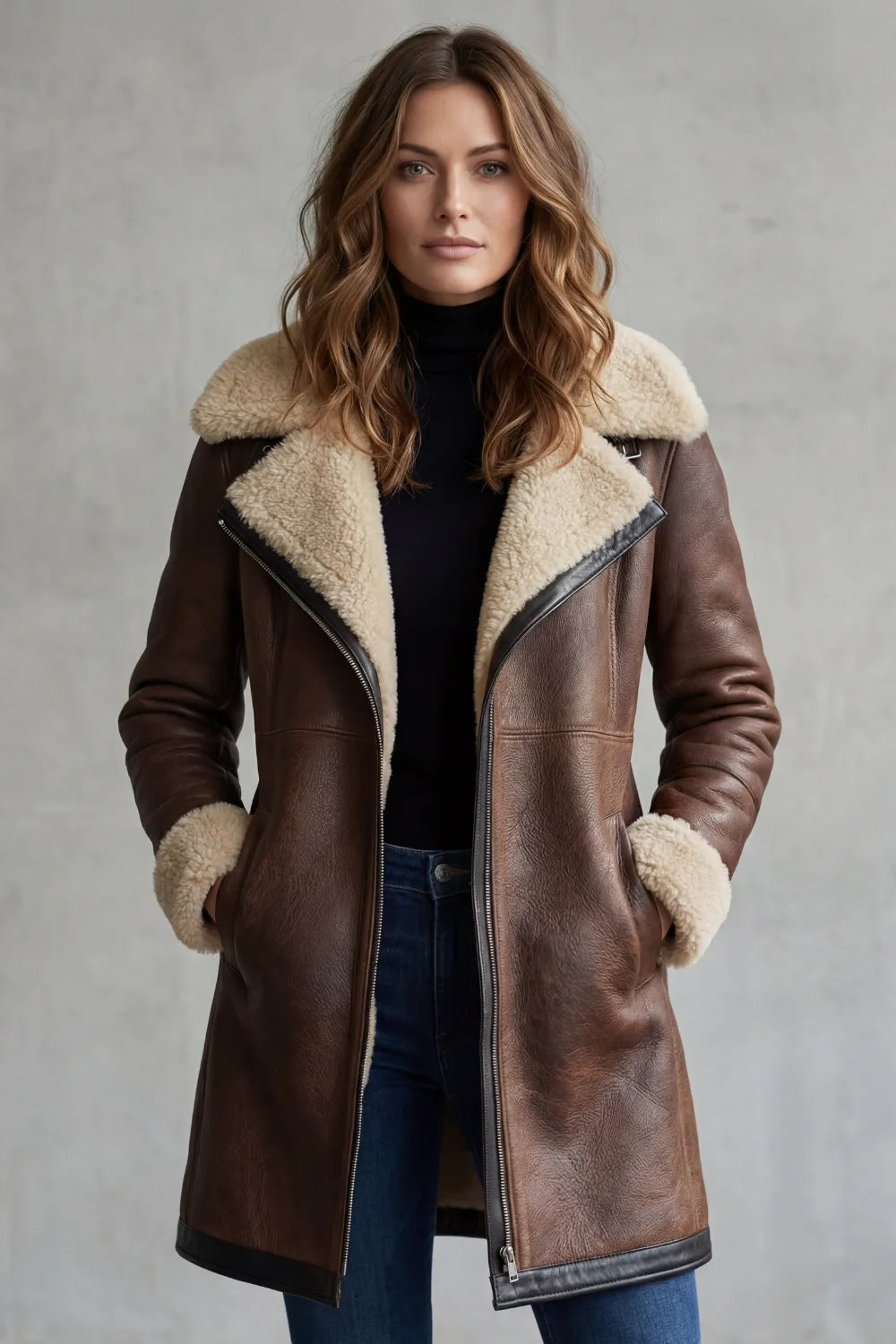 Romilda | Women's Shearling Leather Coat - Brown - Image 2