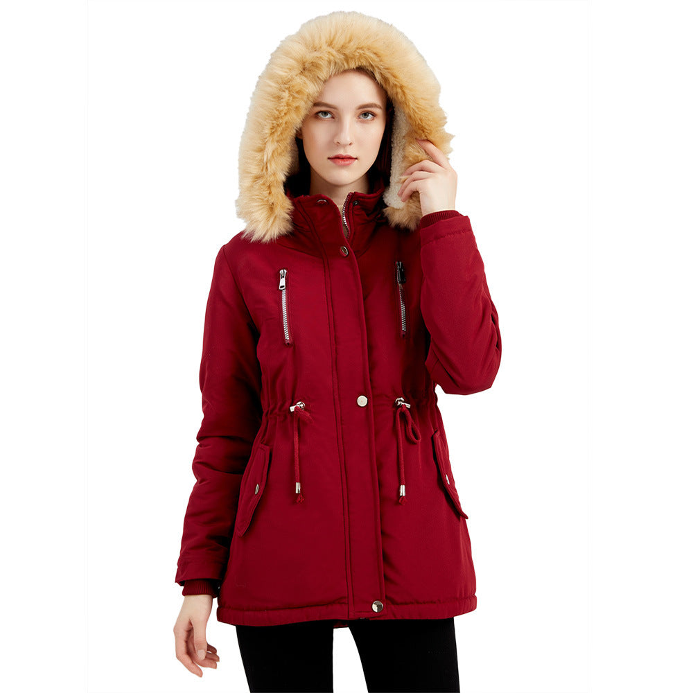 Rowena | Women's Winter Coat with Faux Fur Hood - Red - Image 1