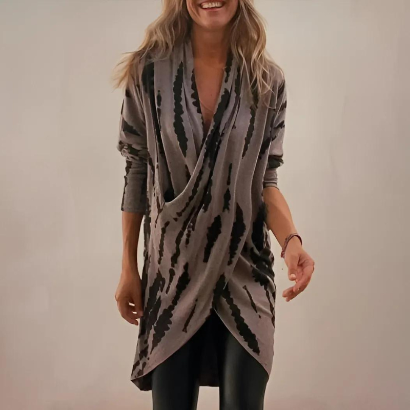 Rowena | Women's Wrap Tunic Top Long Sleeve - Taupe - Image 2