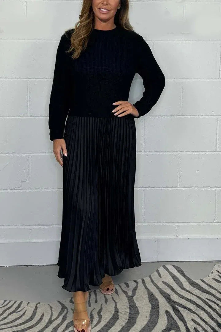 Selvara | Women's Pleated Sweater Midi Dress - Navy - Image 2