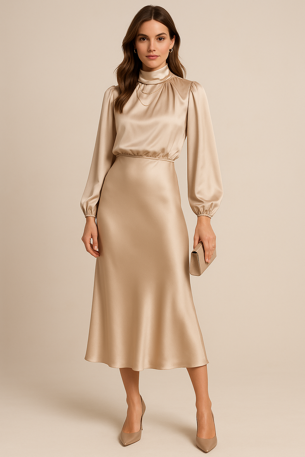 Selvenne | Women's Long Sleeve Satin Midi Dress - Champagne - Image 1