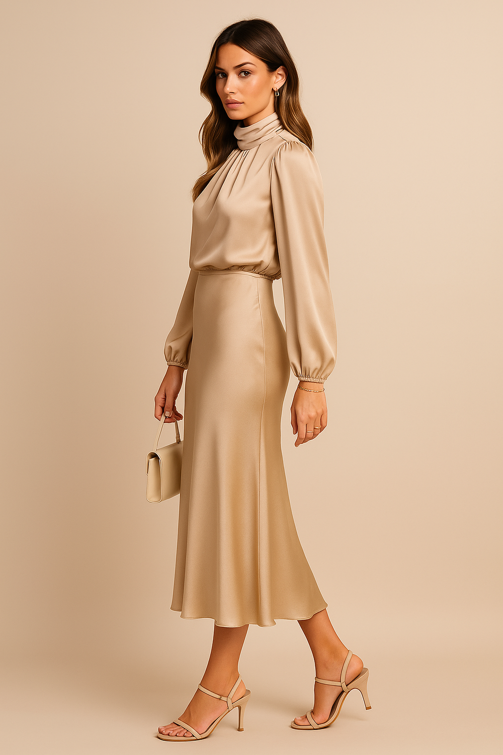 Selvenne | Women's Long Sleeve Satin Midi Dress - Champagne - Image 2