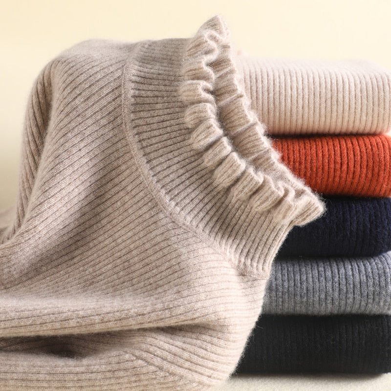 Selvorne | Women's Ruffle Trim Turtleneck Sweater - Taupe - Image 2