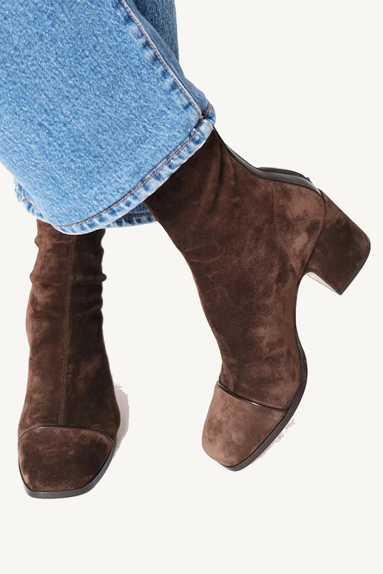 Selvorra | Women's Suede Ankle Boots Block Heel - Dark Brown - Image 2