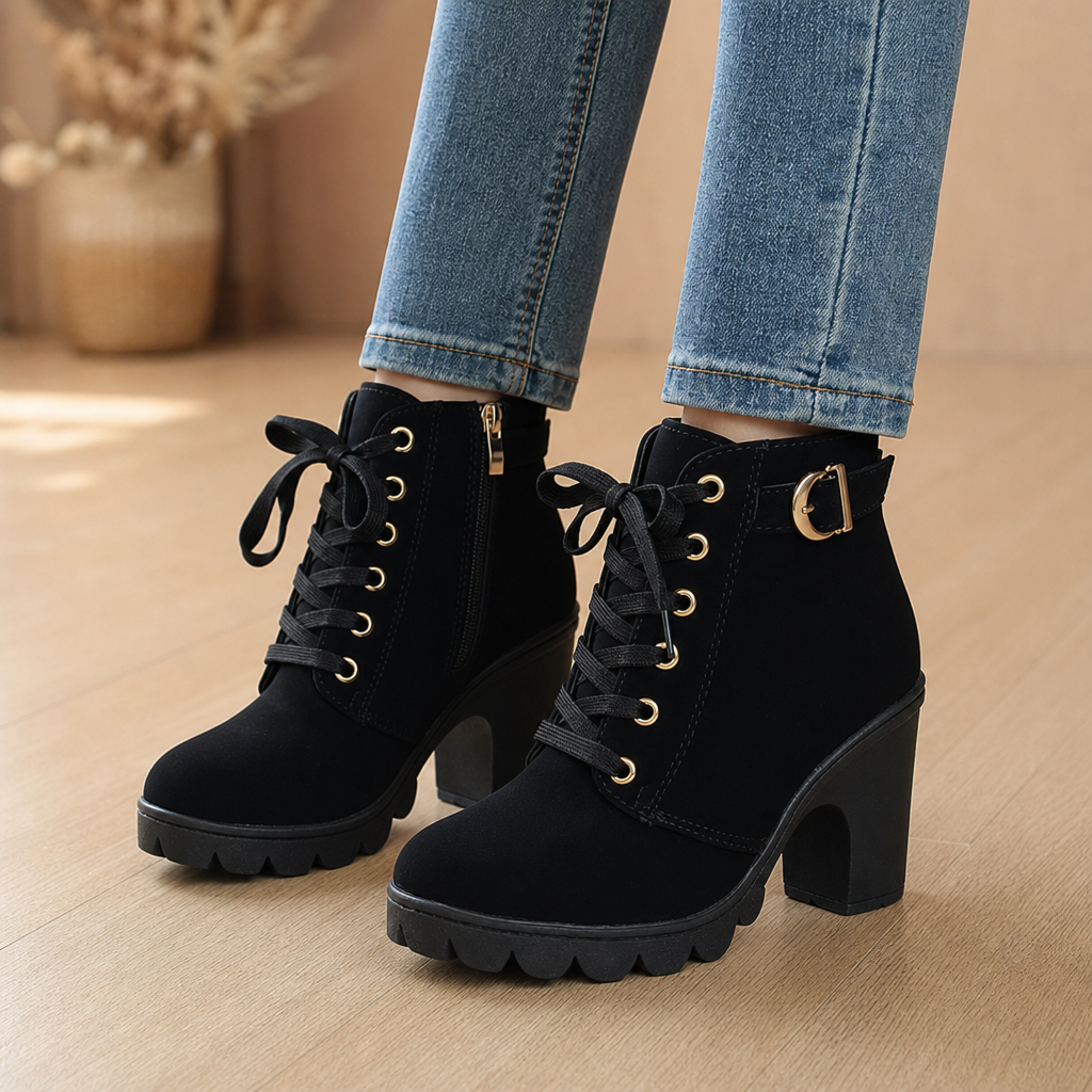Solvaine | Women's Lace-Up Chunky Heel Ankle Boots - Black - Image 1