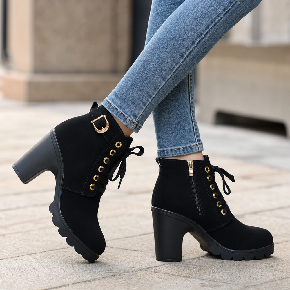Solvaine | Women's Lace-Up Chunky Heel Ankle Boots - Black - Image 2