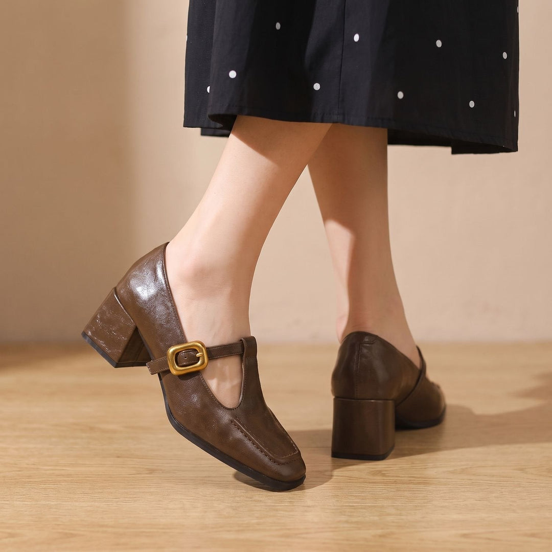 Sorinda | Women's T-Strap Block Heel Loafers - Brown - Image 1