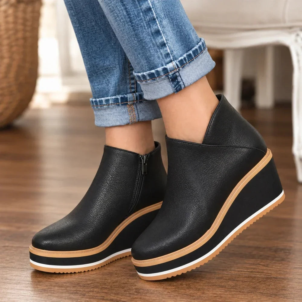 Telvisse | Women's Wedge Ankle Boots Side Zip - Black - Image 1
