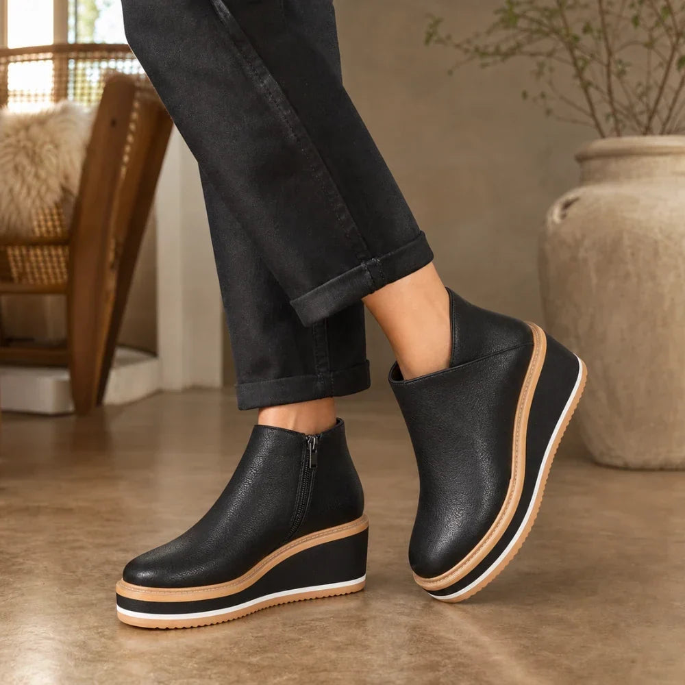 Telvisse | Women's Wedge Ankle Boots Side Zip - Black - Image 2