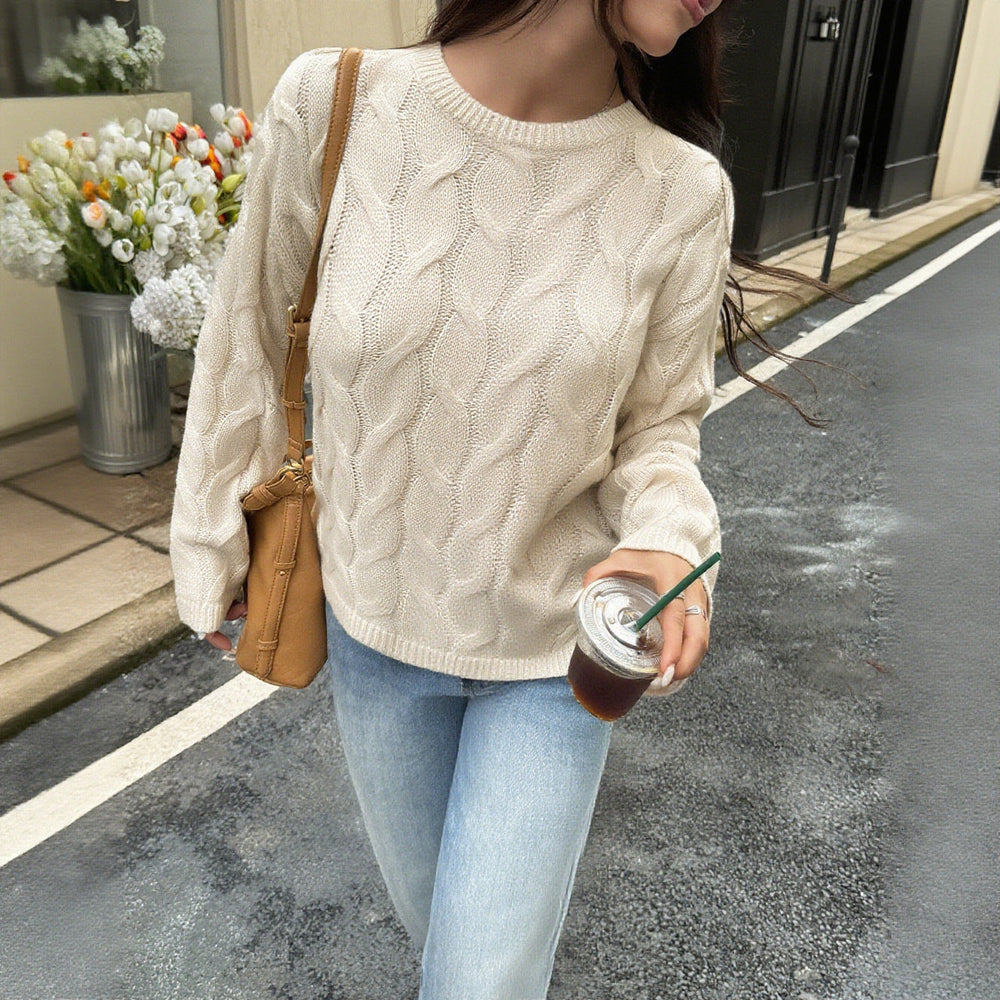 Telvorne | Women's Cable Knit Sweater Crew Neck - Baby Blue - Image 2