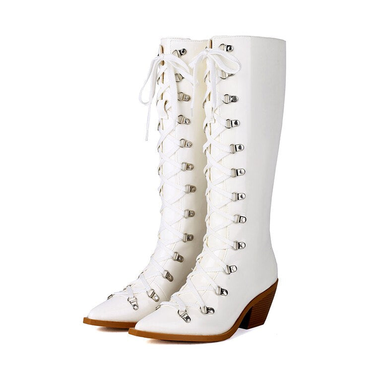Telvorne | Women's Knee High Lace Up Block Heel Boots - Black - Image 2