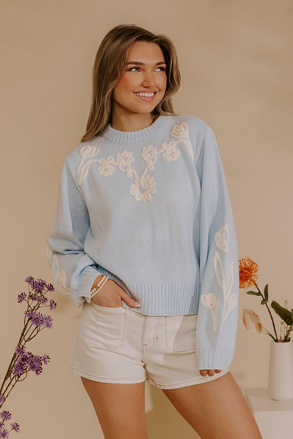 Thelvane | Women's Floral Embroidered Knit Sweater - Baby Blue - Image 1